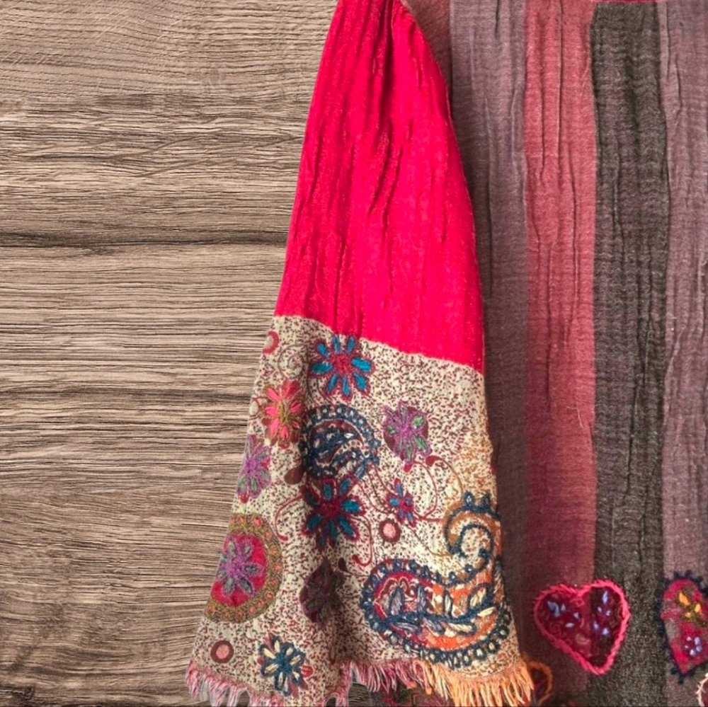 Kashmir Hut Red Gray Tunic Embroidered Bell Sleeve Bohemian Forest Fairy / XL - Picture 7 of 10